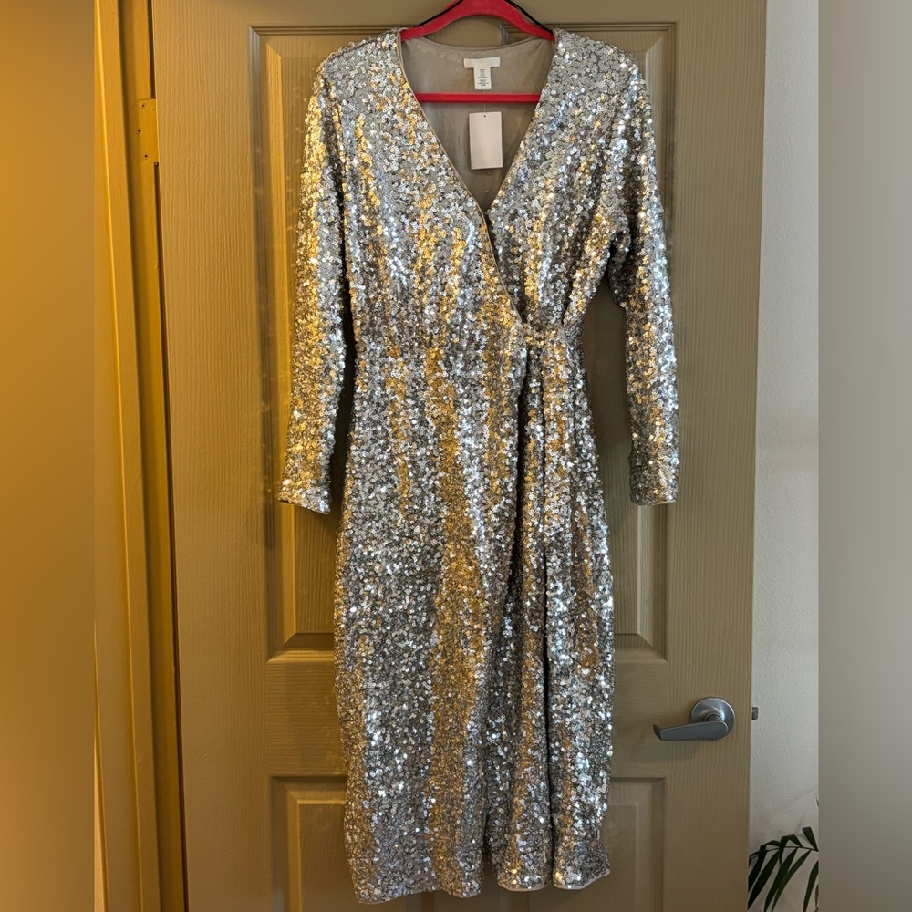 H&M Silver Sequin Wrap Cocktail Dress